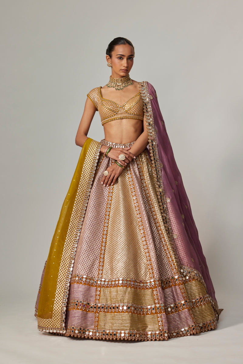 MUSTARD MULTICOLOR HEAVY METALLIC LEHENGA WITH DOUBLE DUPATTA