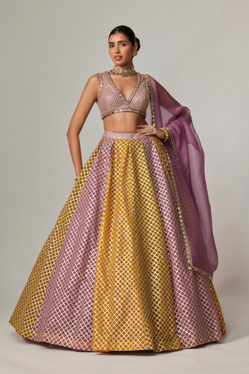 MUSTARD MULTICOLOR CROP TOP WITH DUPATTA