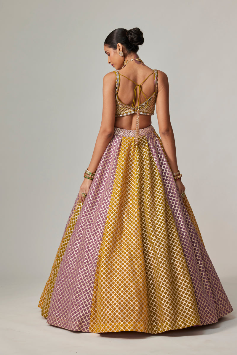 MUSTARD MULTICOLOR BIG CHECK LEHENGA SET