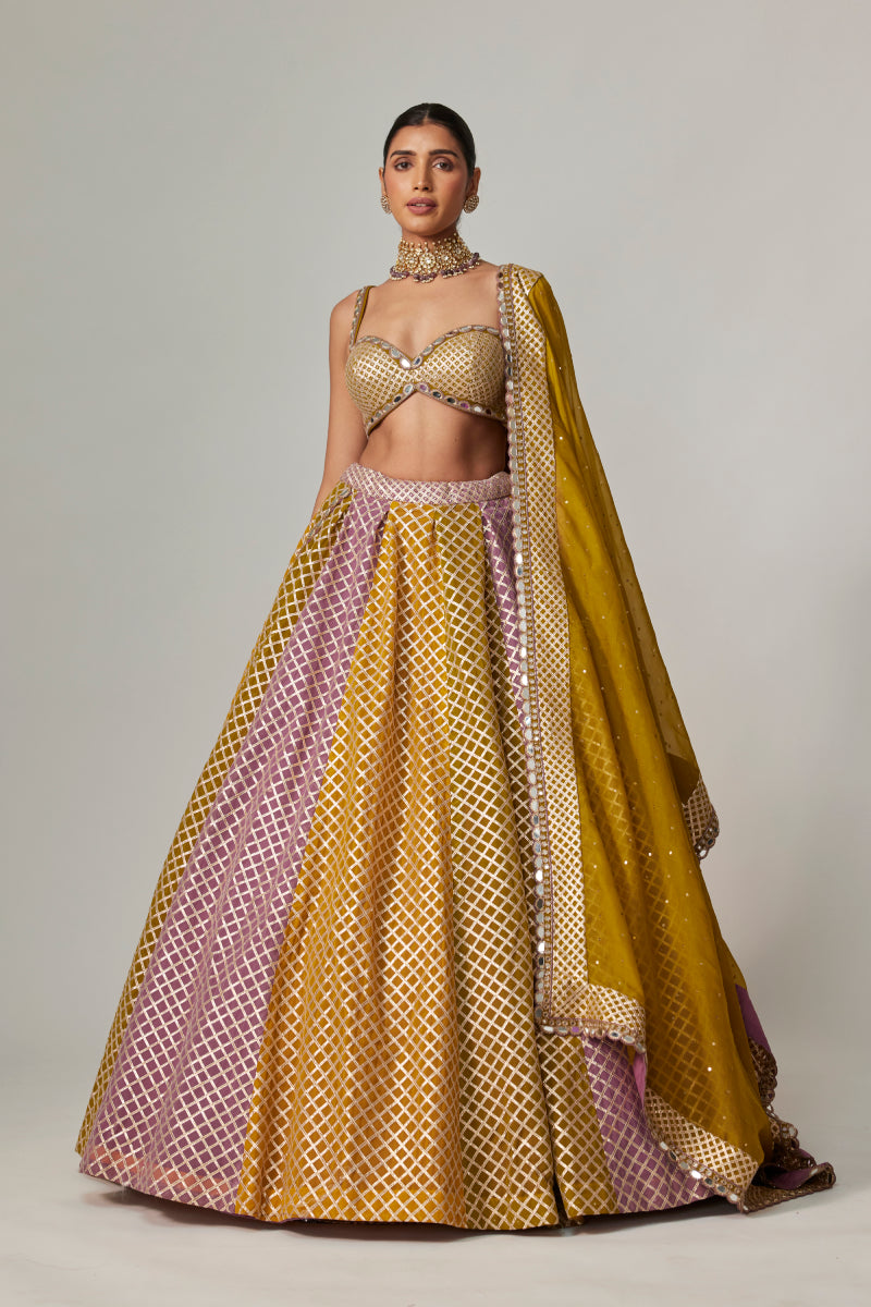 MUSTARD MULTICOLOR BIG CHECK LEHENGA SET