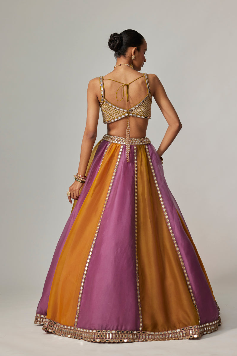 MUSTARD MULTICOLOR LINEAR LEHENGA WITH SWEETHEART NECK BLOUSE