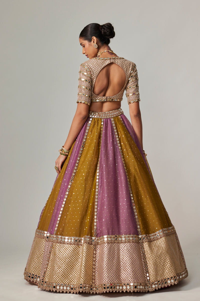 GREEN MULTICOLOR SEQUIN SCATTER LEHENGA WITH V NECK ELBOW SLEEVE BLOUSE
