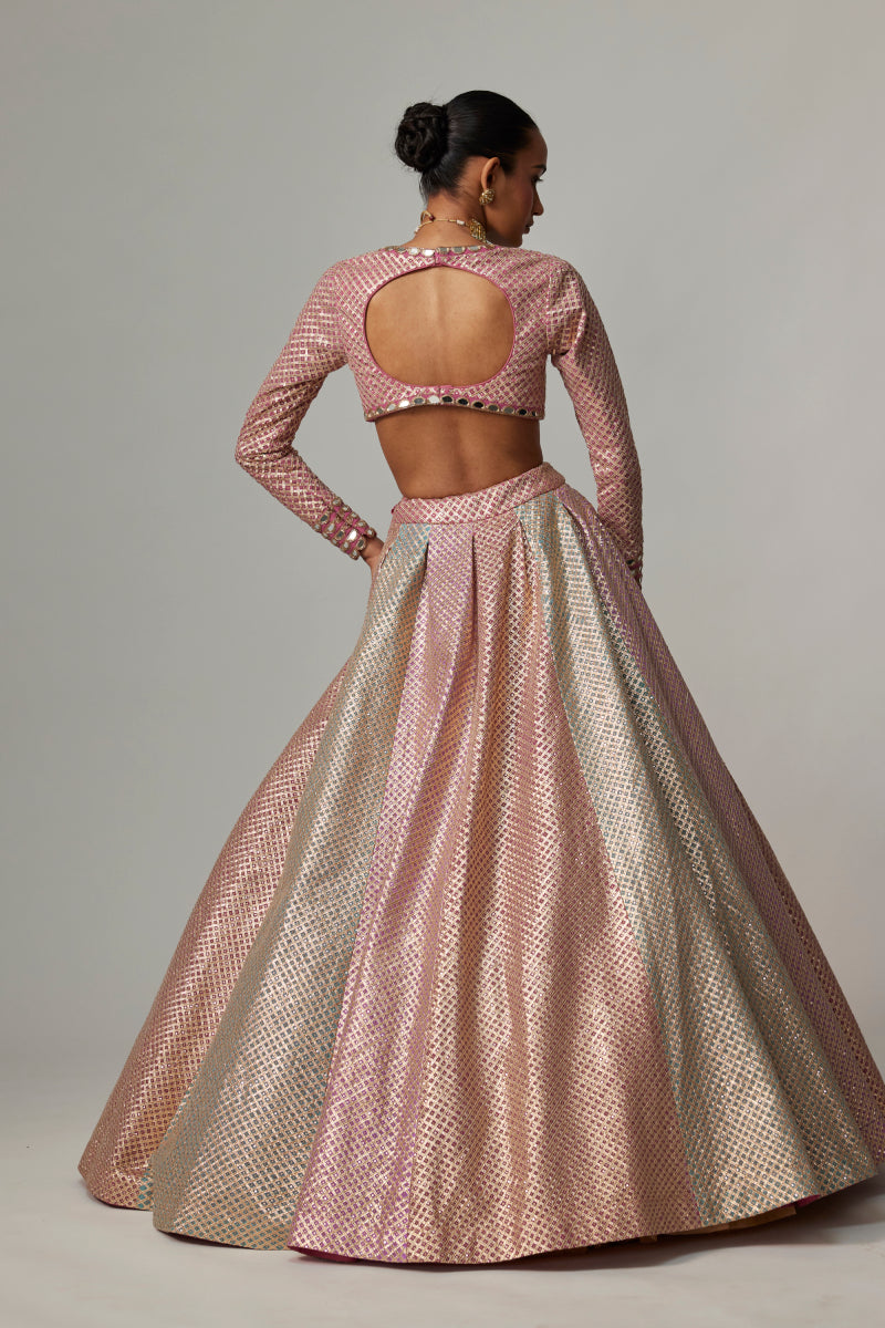 DARK BLUSH MULTICOLOR METALLIC GOTA CROP TOP SKIRT WITH AQUA DUPATTA