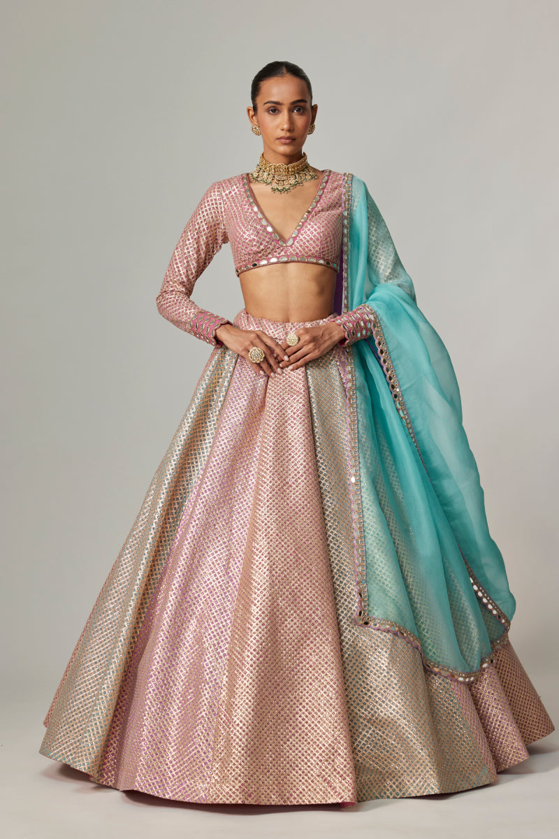 DARK BLUSH MULTICOLOR METALLIC GOTA CROP TOP SKIRT WITH AQUA DUPATTA