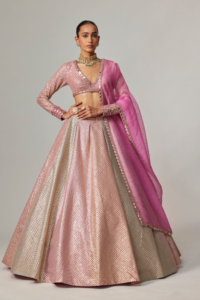 DARK BLUSH MULTICOLOR METALLIC GOTA CROP TOP SKIRT WITH DARK BLUSH DUPATTA