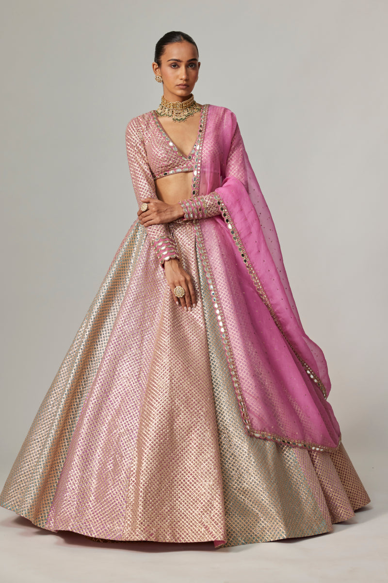 DARK BLUSH MULTICOLOR METALLIC GOTA CROP TOP SKIRT WITH DARK BLUSH DUPATTA