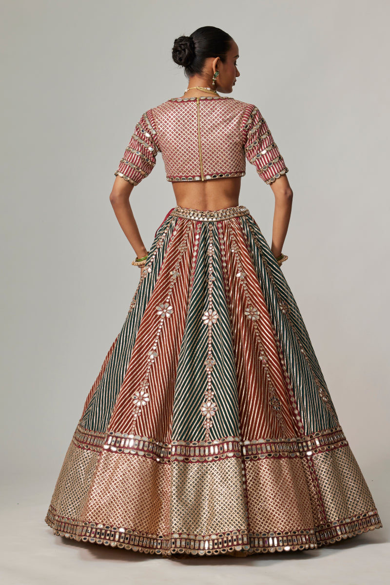 CRANBERRY MULTICOLOR LINEAR FLOWER LEHENGA SET WITH DOUBLE DUPATTA