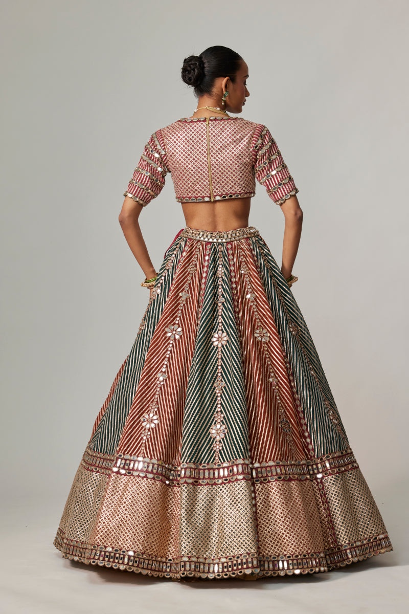 CRANBERRY MULTICOLOR LINEAR FLOWER LEHENGA SET WITH JADE GREEN DUPATTA