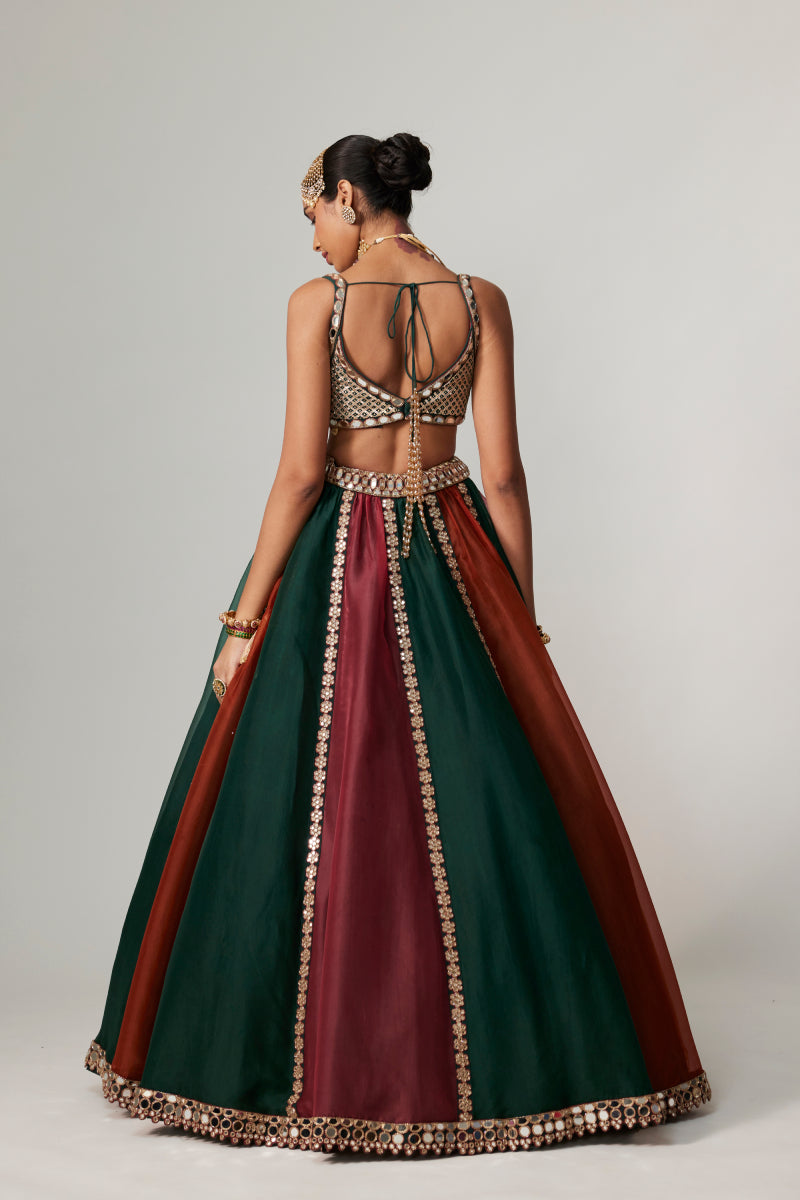 CRANBERRY MULTICOLOR LINEAR LEHENGA WITH SQUARE NECK BLOUSE