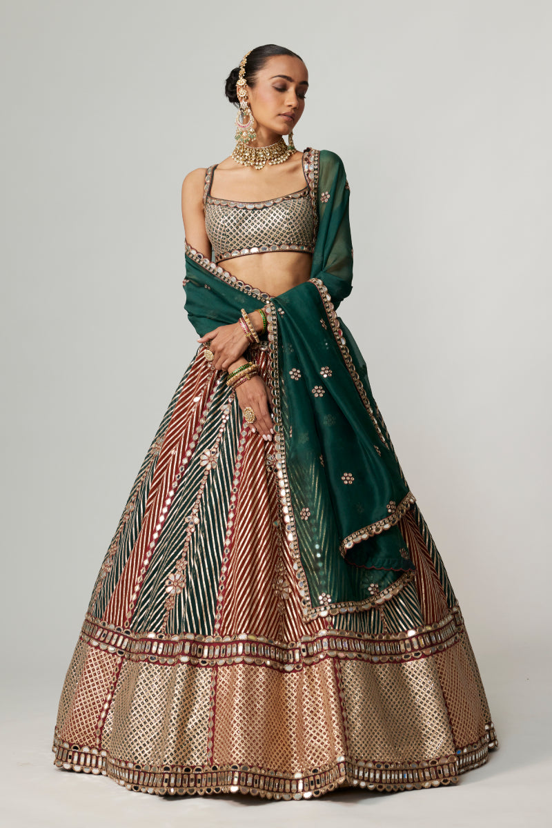 CRANBERRY MULTICOLOR LINEAR FLOWER LEHENGA SET WITH SQUARE NECK BLOUSE