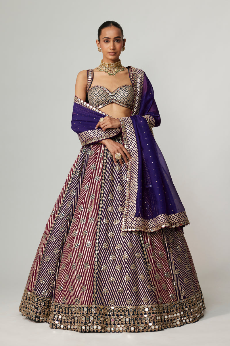 TEAL WINE MULTICOLOR LEHENGA SET WITH DARK PURPLE DUPATTA