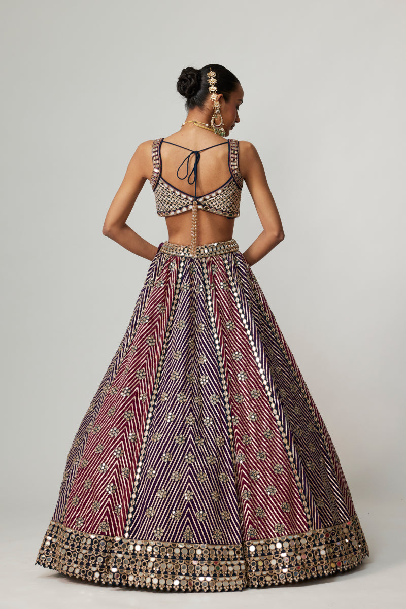 TEAL WINE MULTICOLOR LEHENGA SET WITH DARK PURPLE DUPATTA