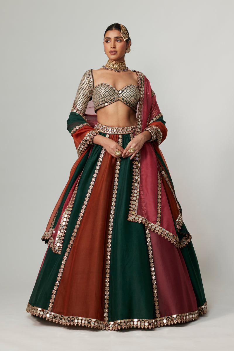 CRANBERRY MULTICOLOR LINEAR LEHENGA WITH SWEETHEART FULL SLEEVE BLOUSE.