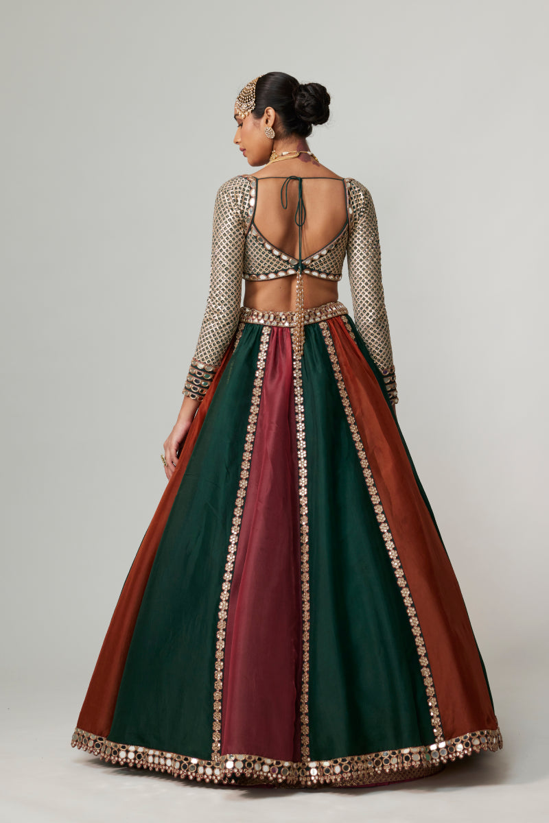 CRANBERRY MULTICOLOR LINEAR LEHENGA WITH SWEETHEART FULL SLEEVE BLOUSE.