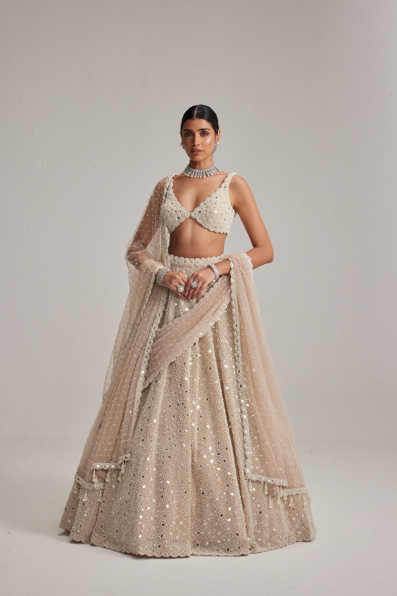 Light Beige Dense mirror and pearl lehenga set With Double Dupatta