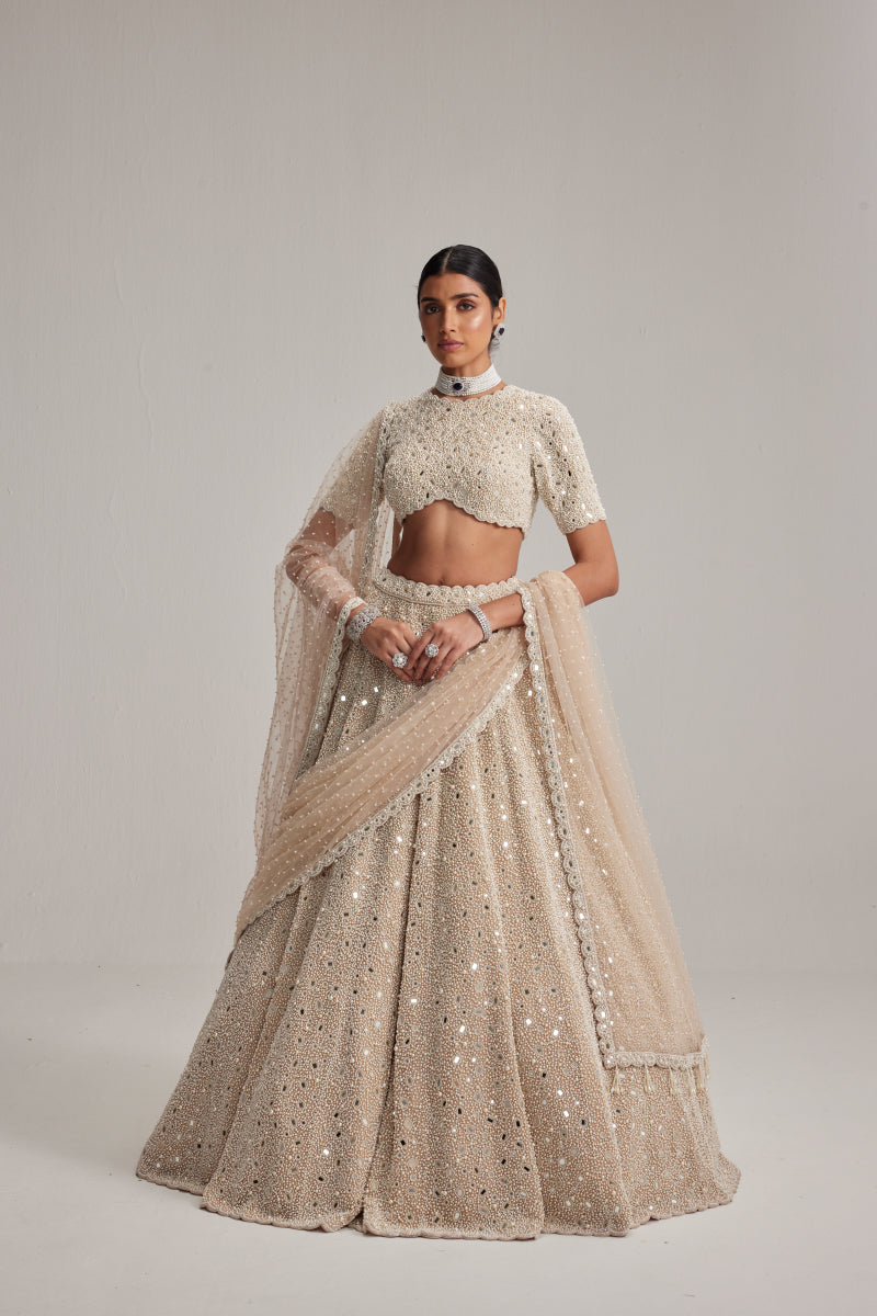 Light Beige Dense Pearl and mirror Lehenga Set with High Neck Blouse, Double Dupatta and Veil