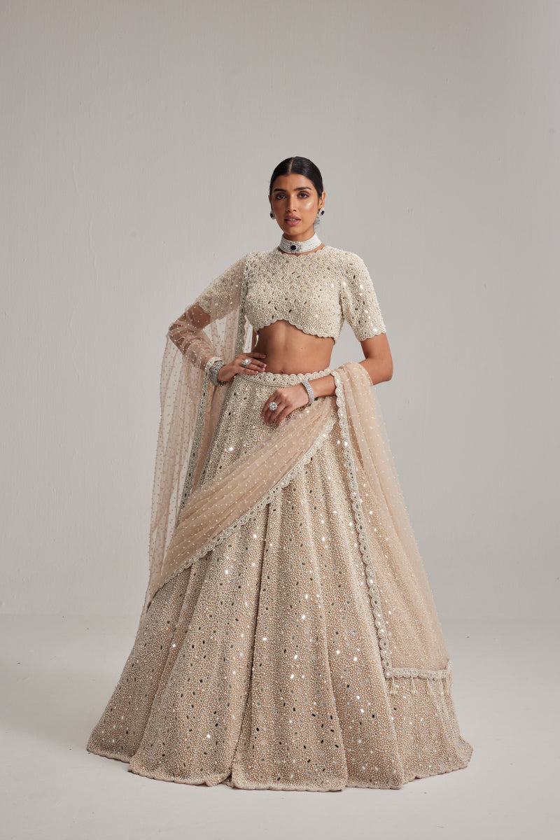 Light Beige dense mirror and pearl lehenga set with high neck blouse and Double Dupatta