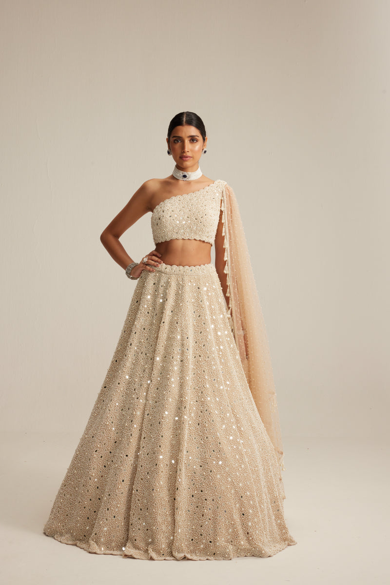 Light Beige Dense mirror and pearl one shoulder lehenga set