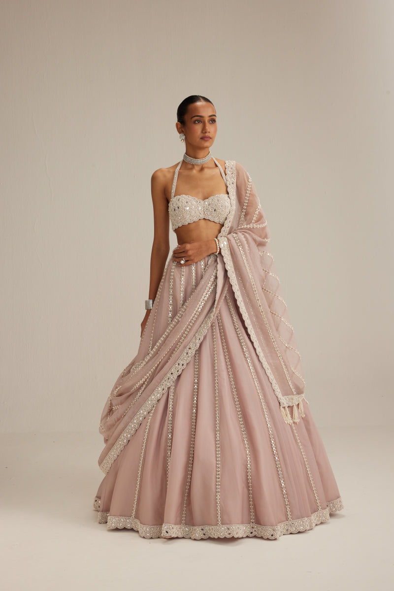 Ash Pink linear embroidered Organza Lehenga Set