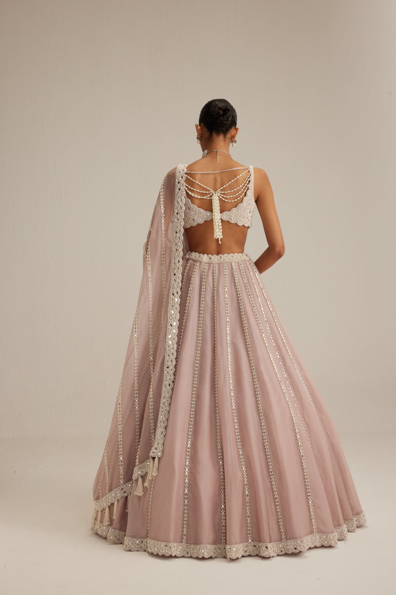 Ash Pink Pearl Mirror linear Lehenga with V neck Blouse