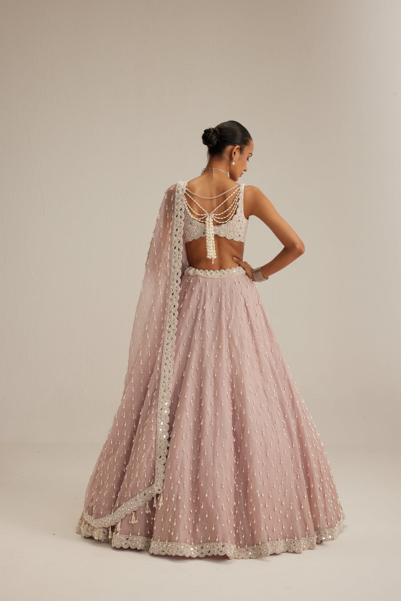 Ash Pink Pearl Drop Organza Lehenga Set