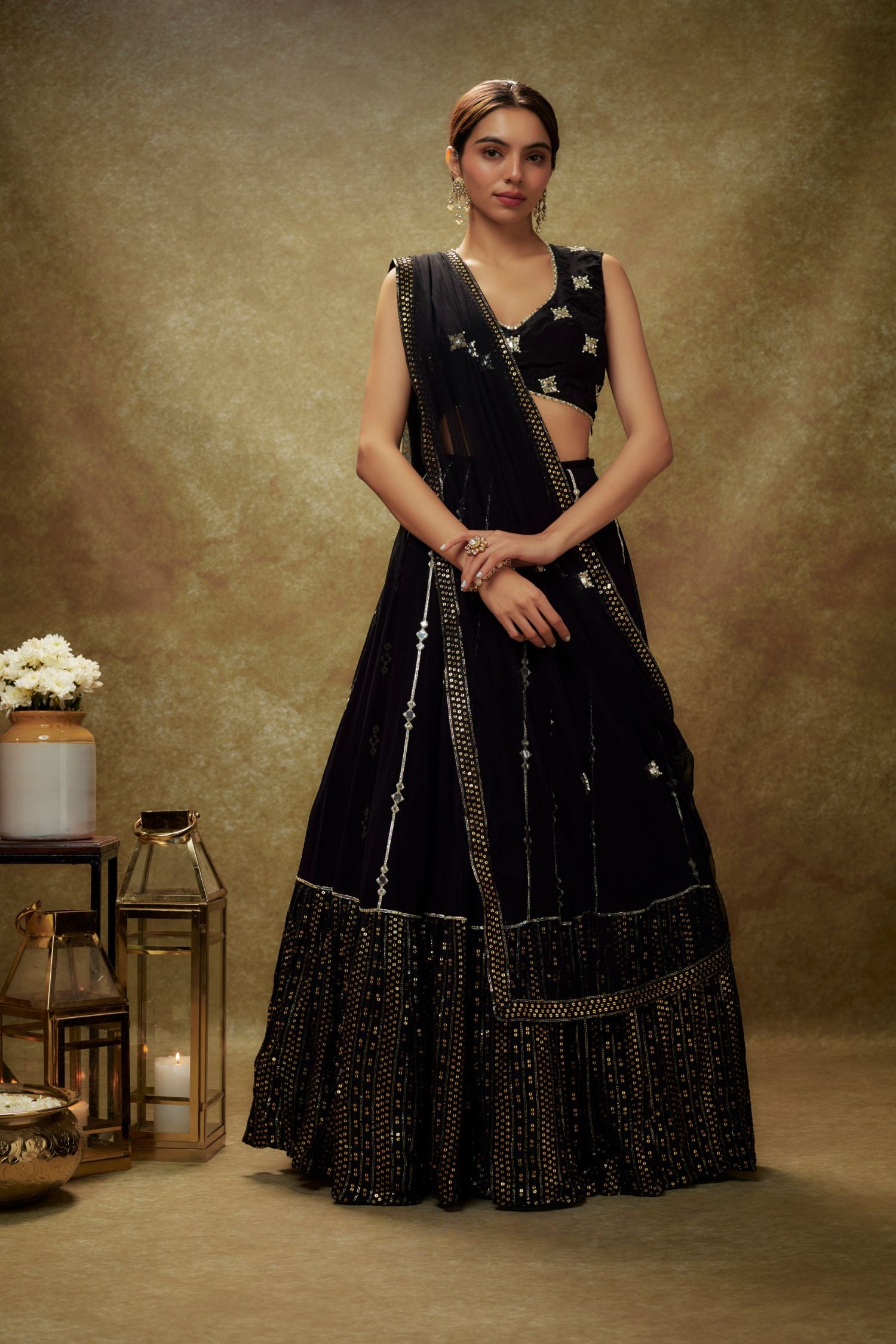 Lily Black Mirror Work Sequin Lehenga Set