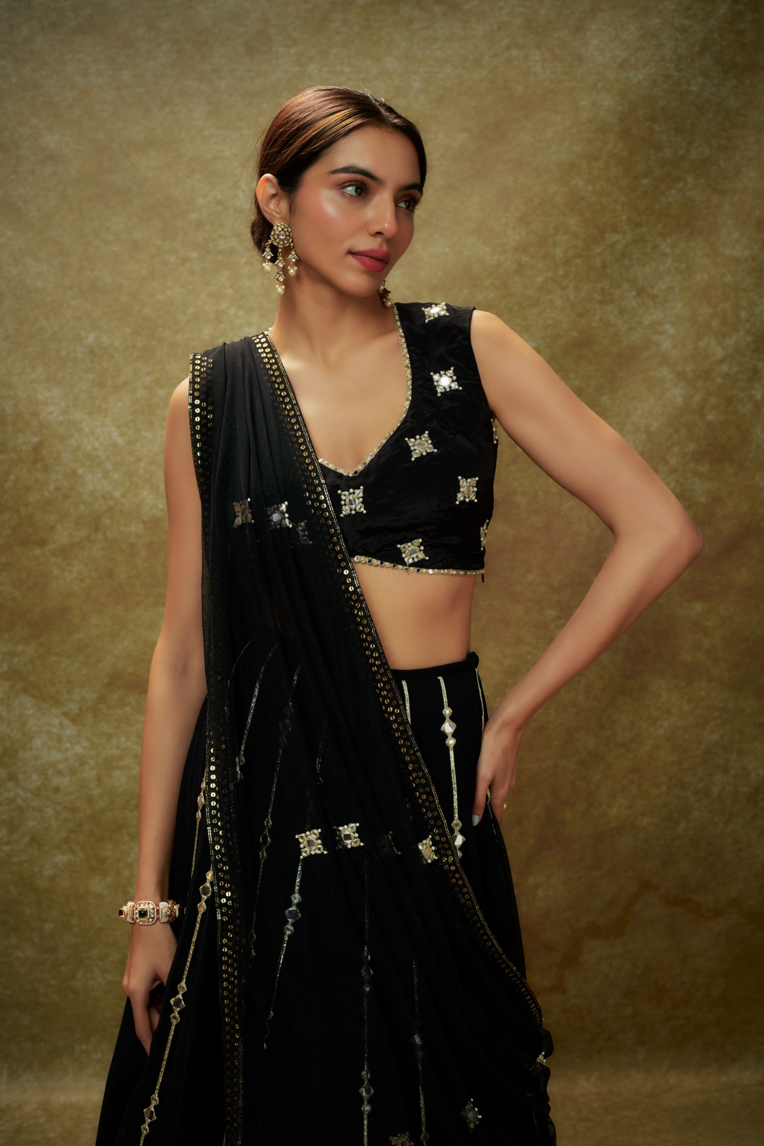 Lily Black Mirror Work Sequin Lehenga Set