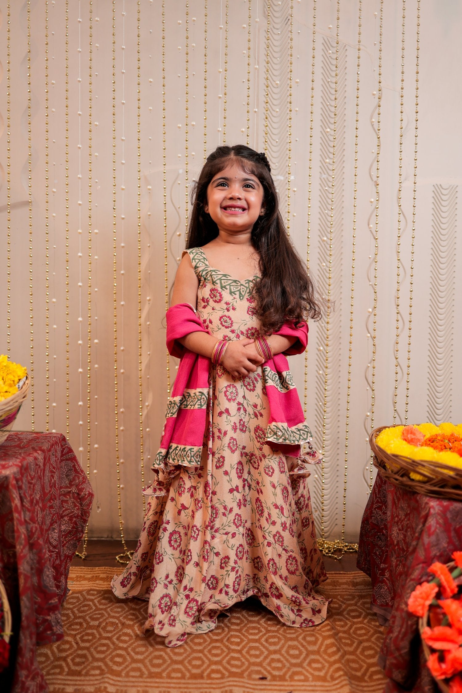 Beige Full Length Block Printed Kurta With Dupatta