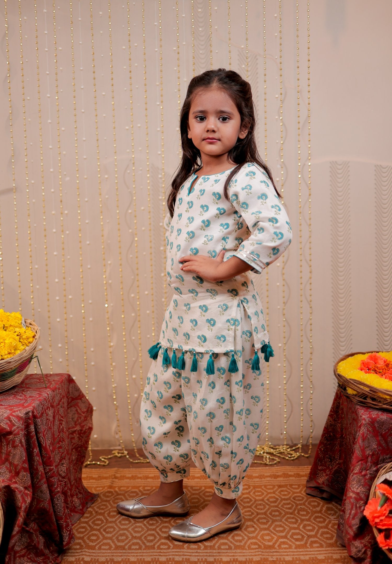 White Block Printed Kurta With Harem Style Pants.