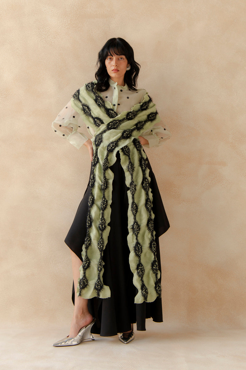 Organza Top With Flap Pants And Drape