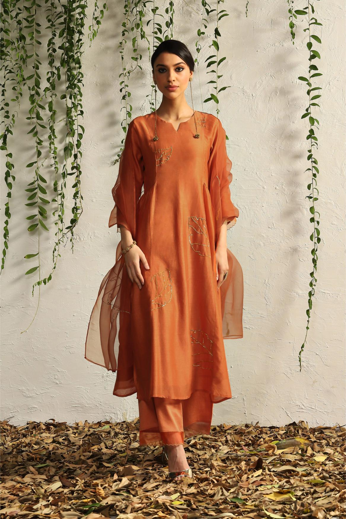 Spice orange side gathered kurta set- set of 3
