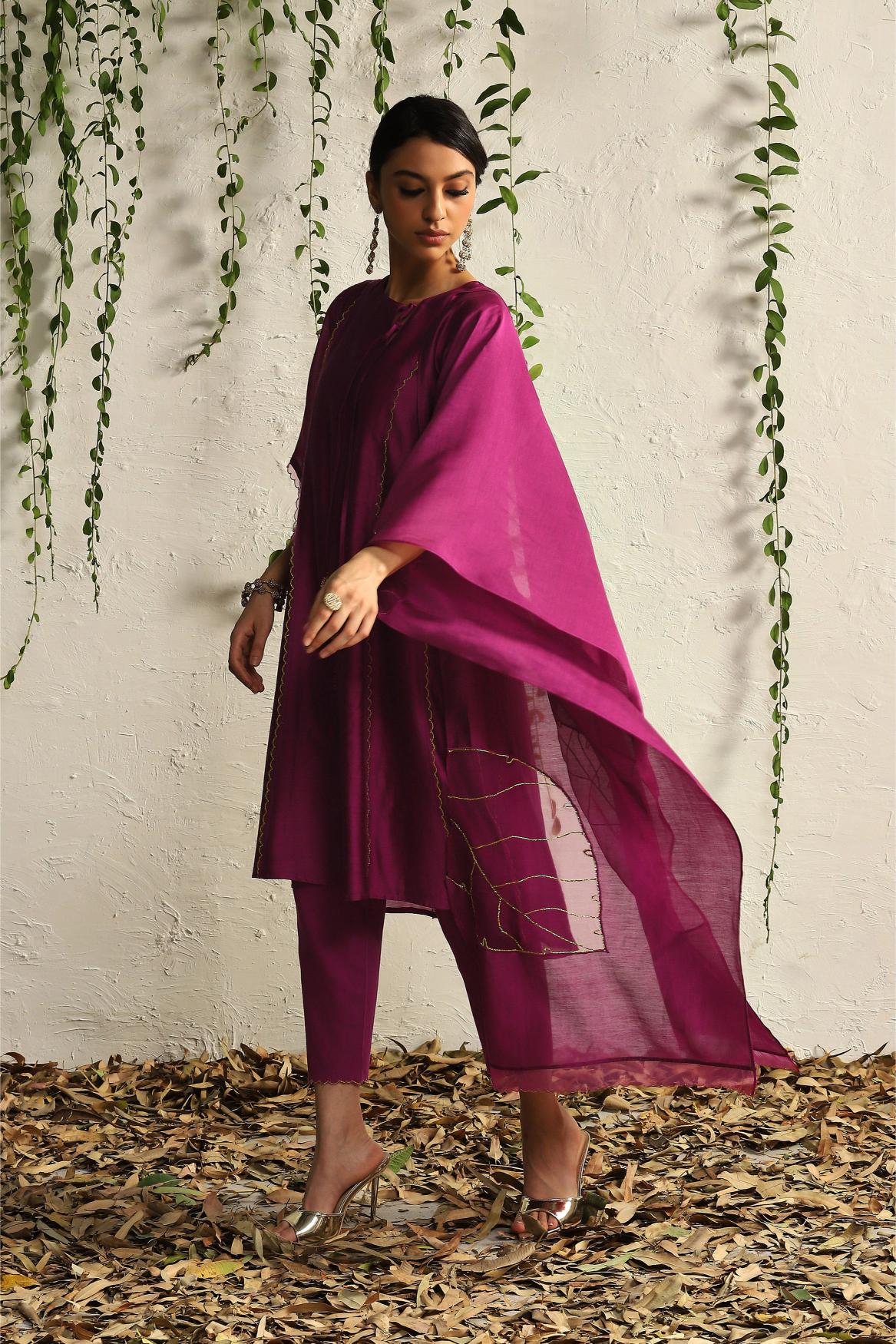 Pop Pink chanderi Tie-Up Kurta set- set of 3