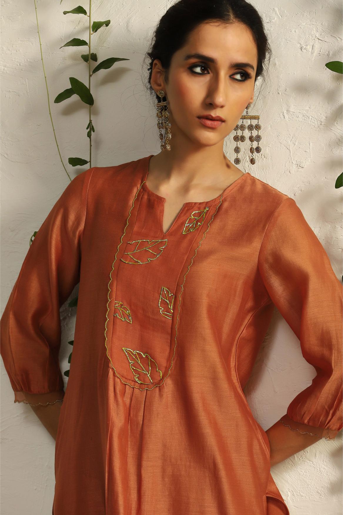 spice orange chanderi flowy kurta set- Set of 3