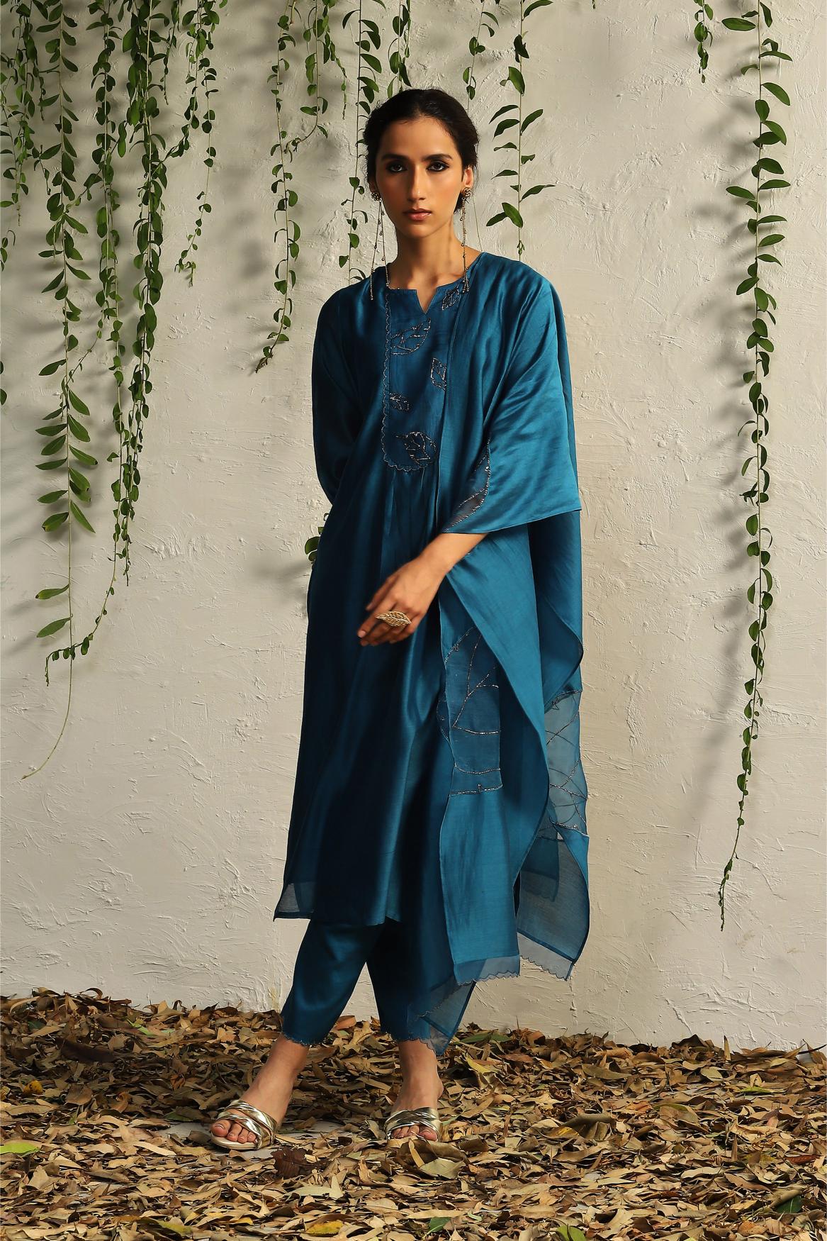 True Blue chanderi flowy kurta set- Set of 3