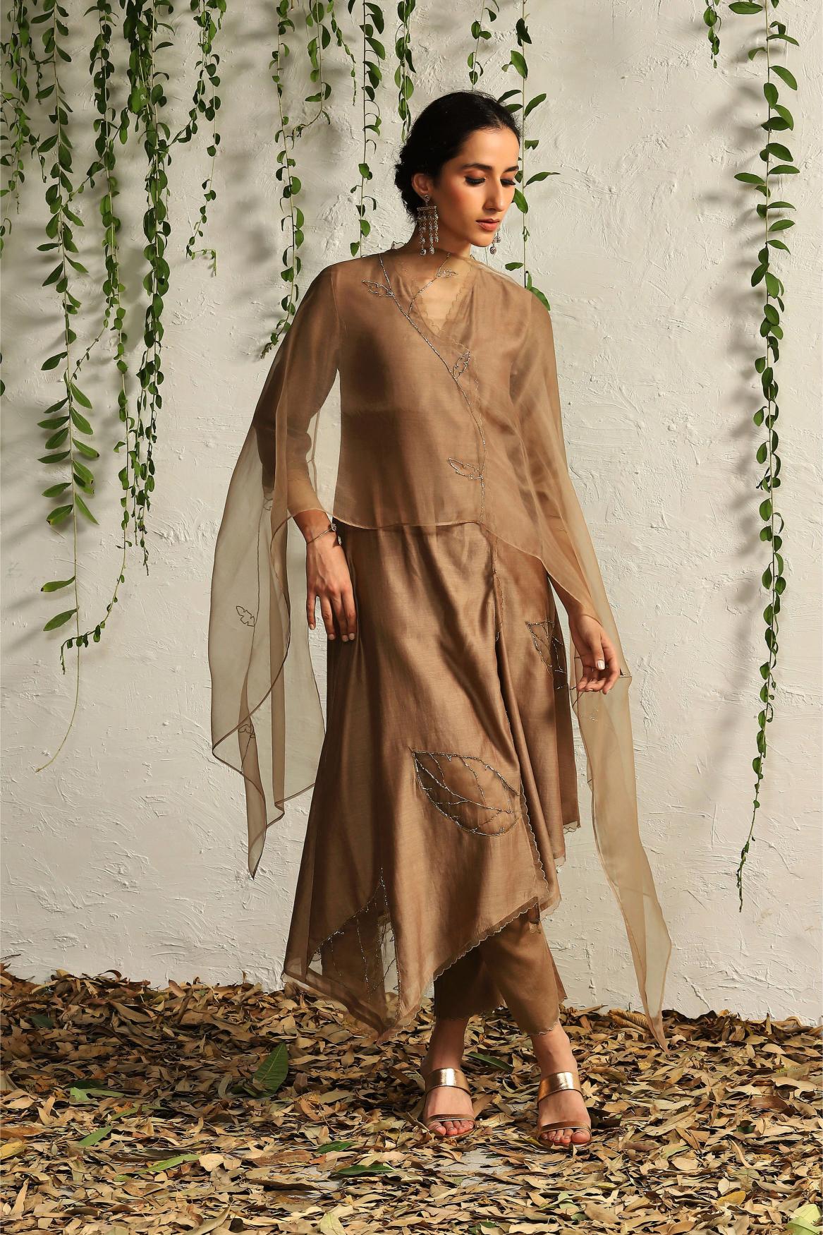 Ginger chanderi asymmetrical Kurta set- set of 3