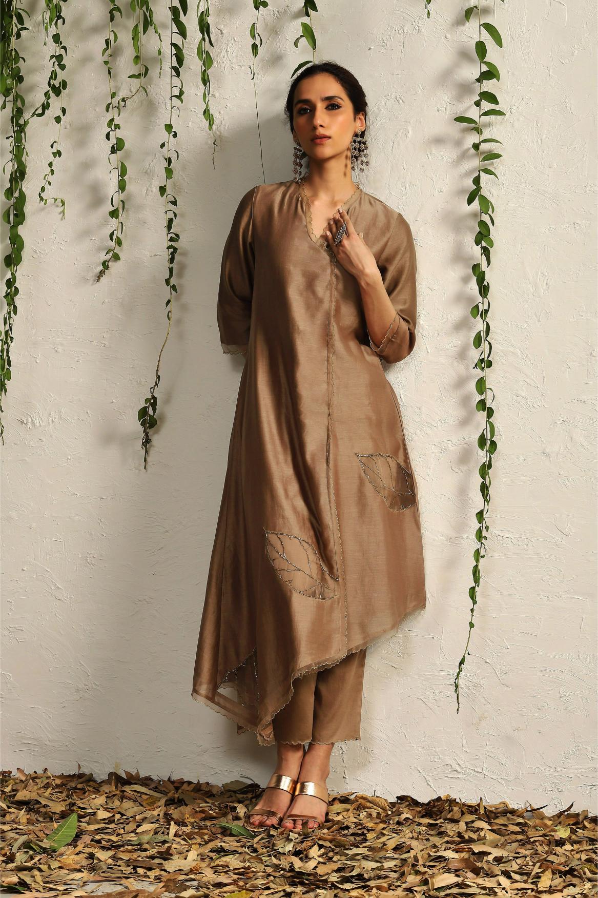 Ginger chanderi asymmetrical Kurta set- set of 3