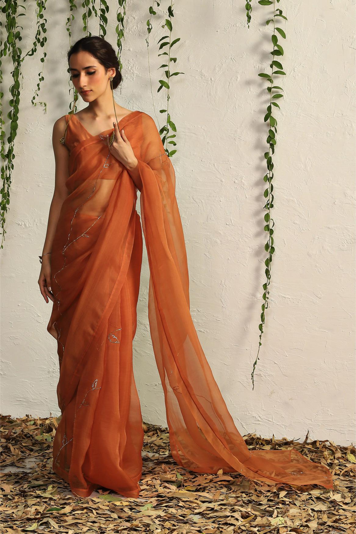 Spice Orange Organza nakshi Saree with Blouse- set of 2