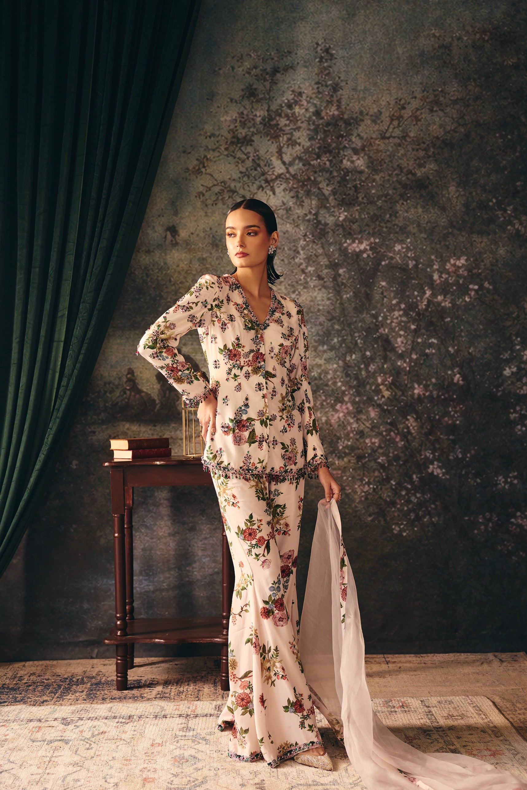 ARABELLA: Ivory Printed Jacket With Pants