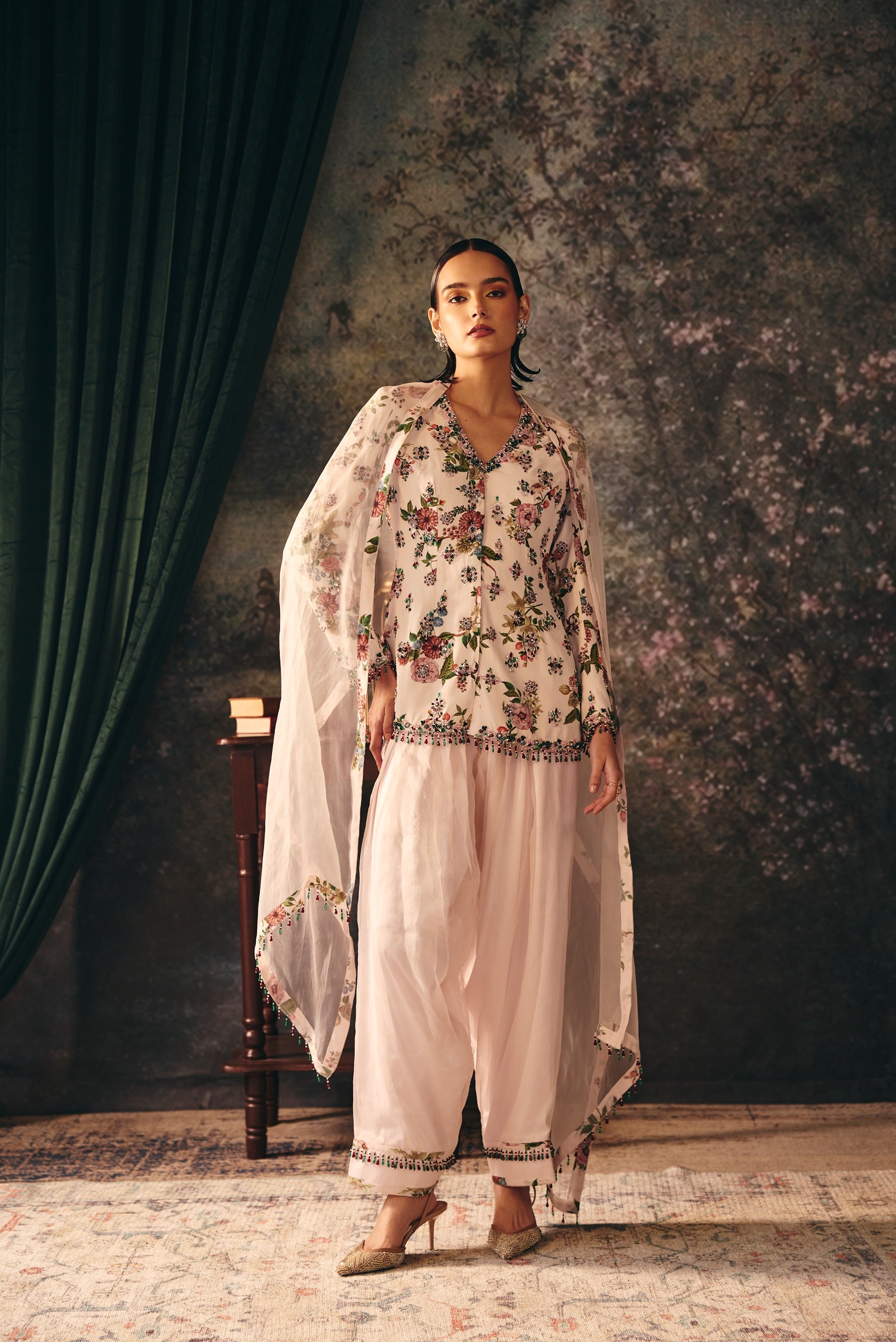 NYRA: Ivory Printed Jacket With Salwar