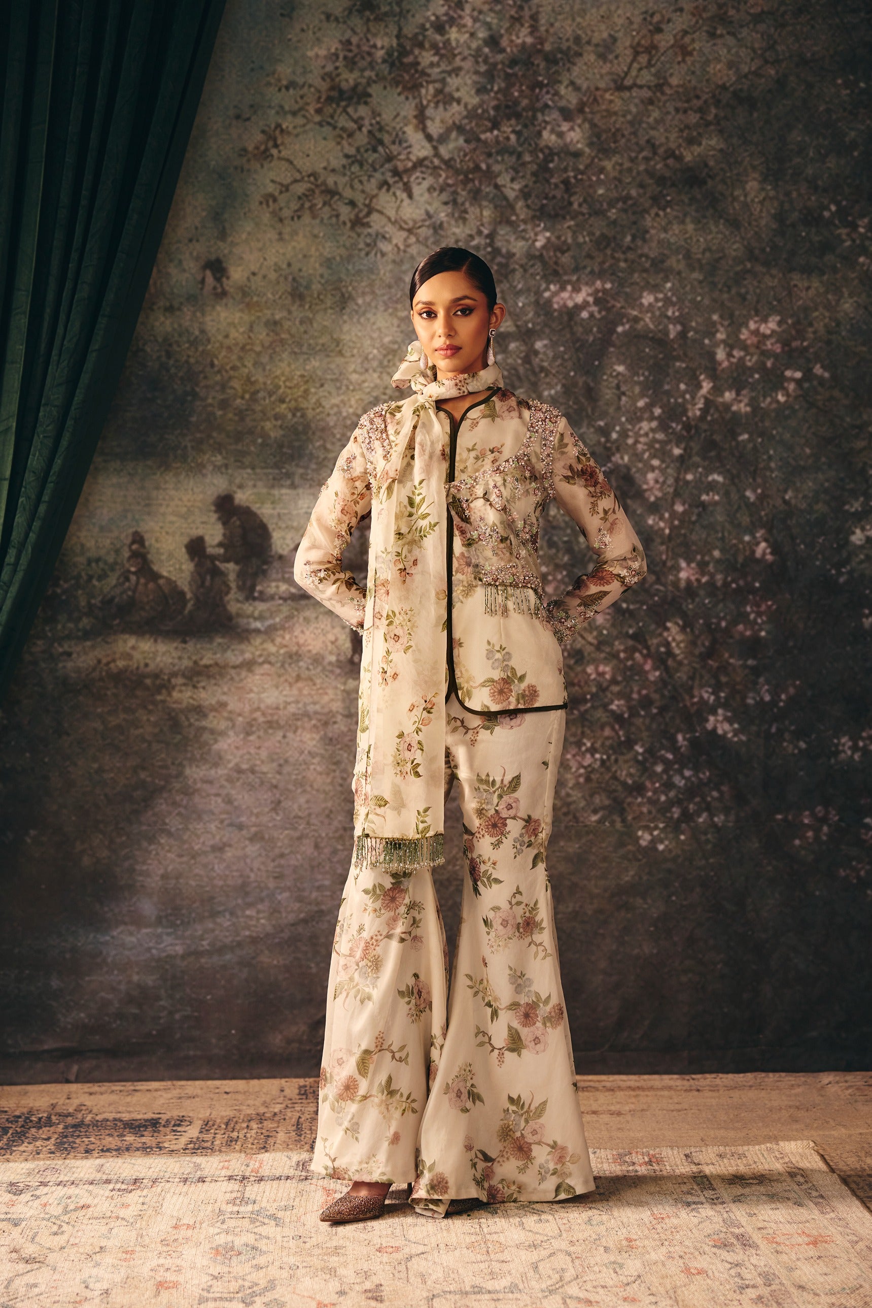 IDA: Ivory Embroidered Short Jacket With Kurta & Palazzo