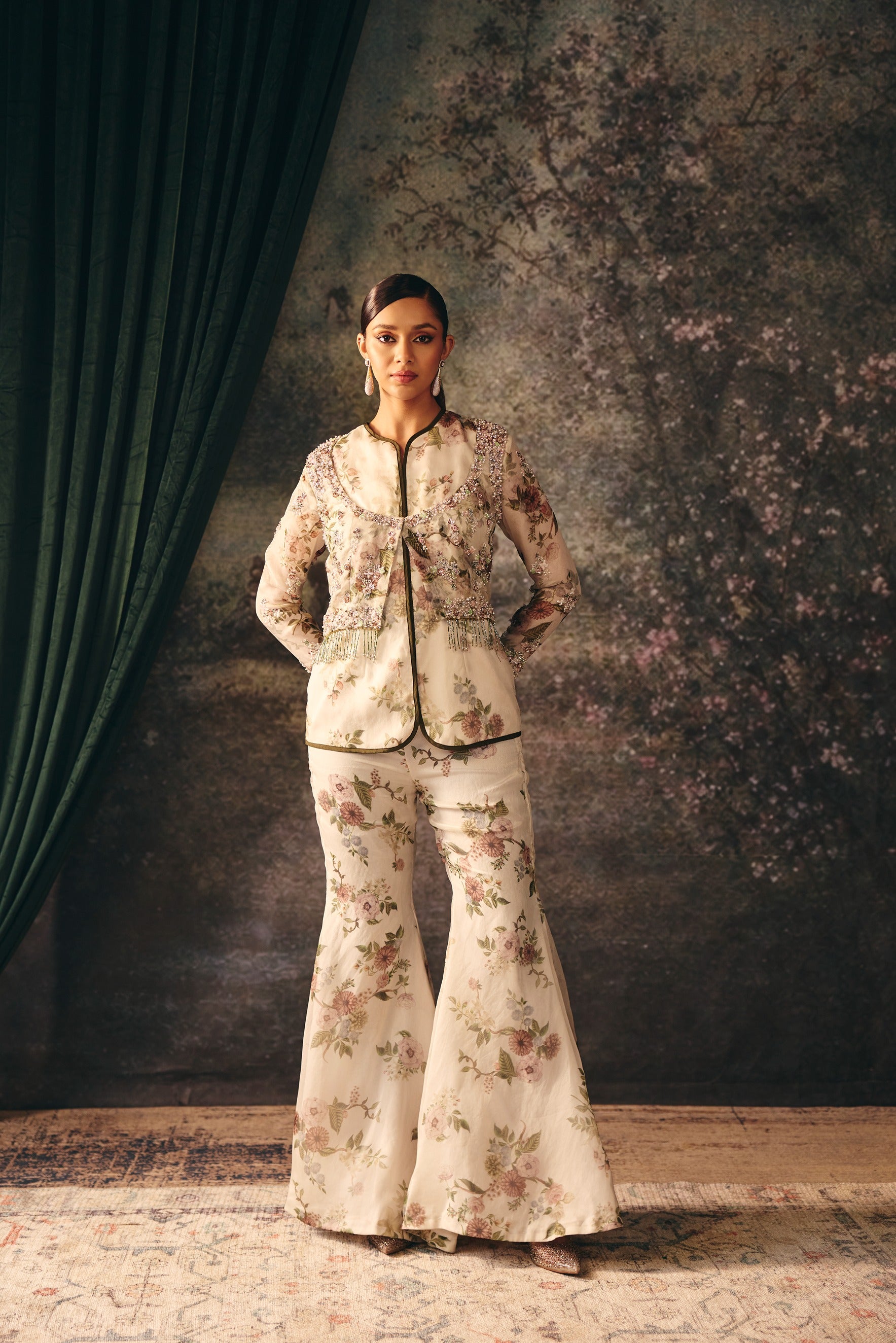 IDA: Ivory Embroidered Short Jacket With Kurta & Palazzo