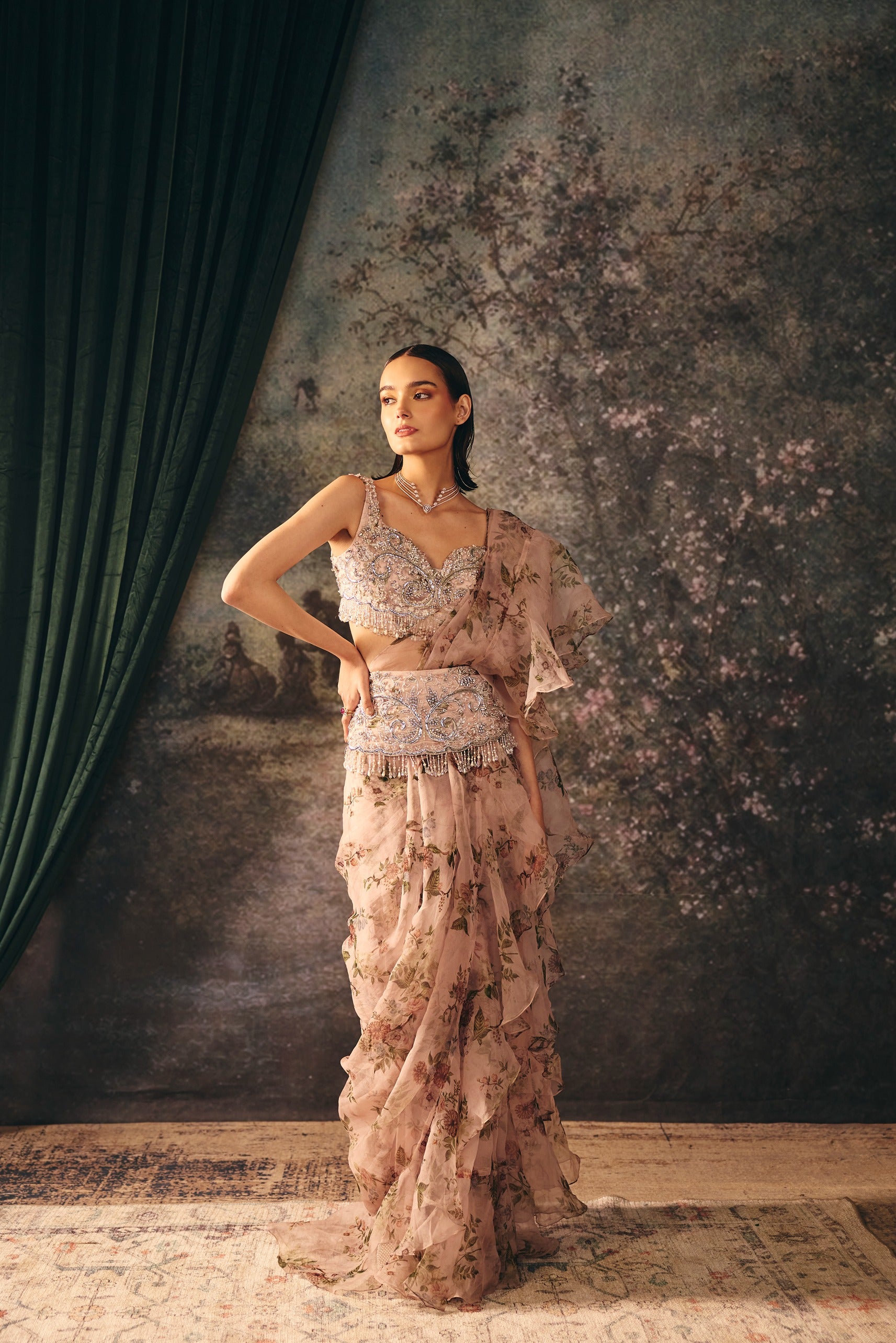 LUMI: Dusty Rose Pink Printed Saree & Belt