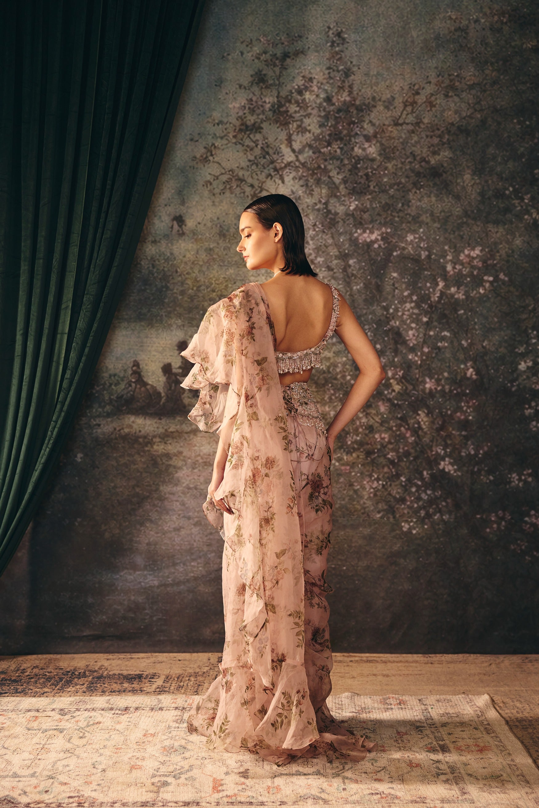 LUMI: Dusty Rose Pink Printed Saree & Belt