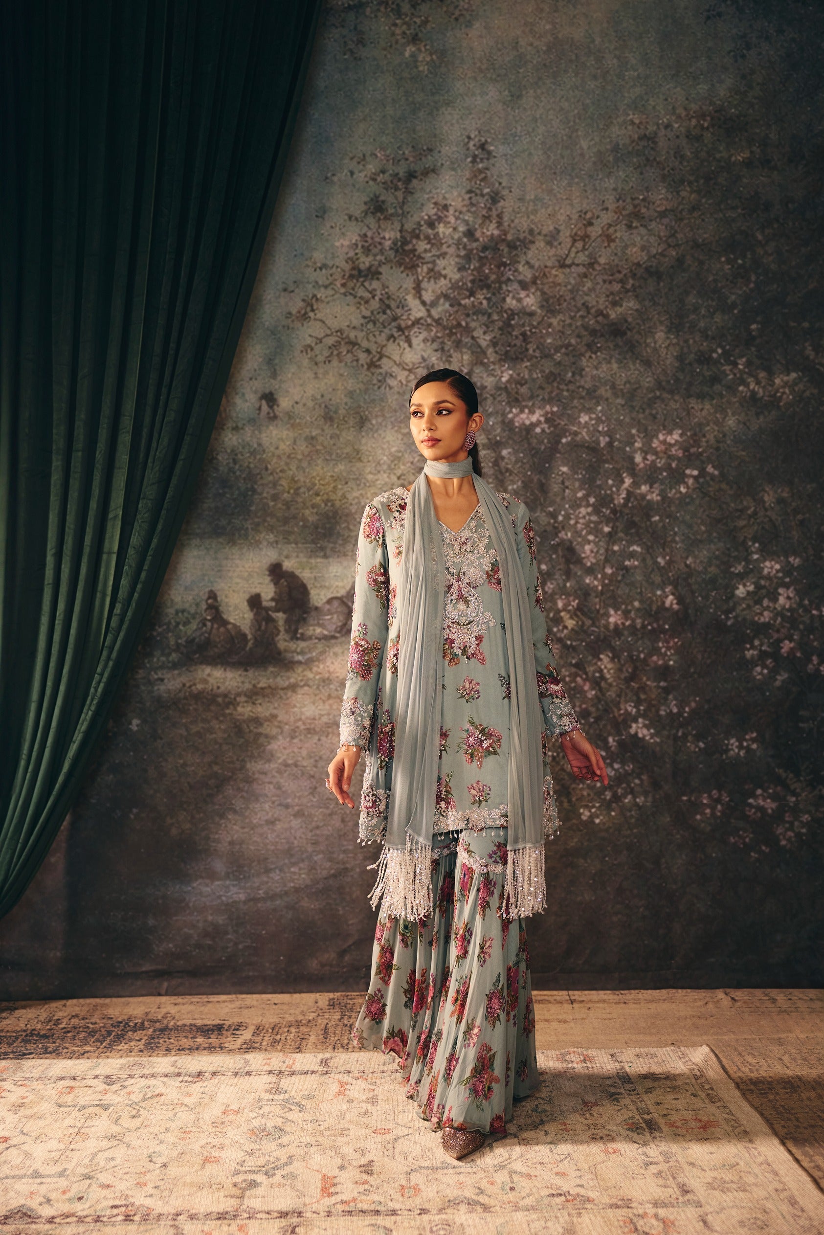 VICTORIA: Baby Blue Printed Kurta & Sharara