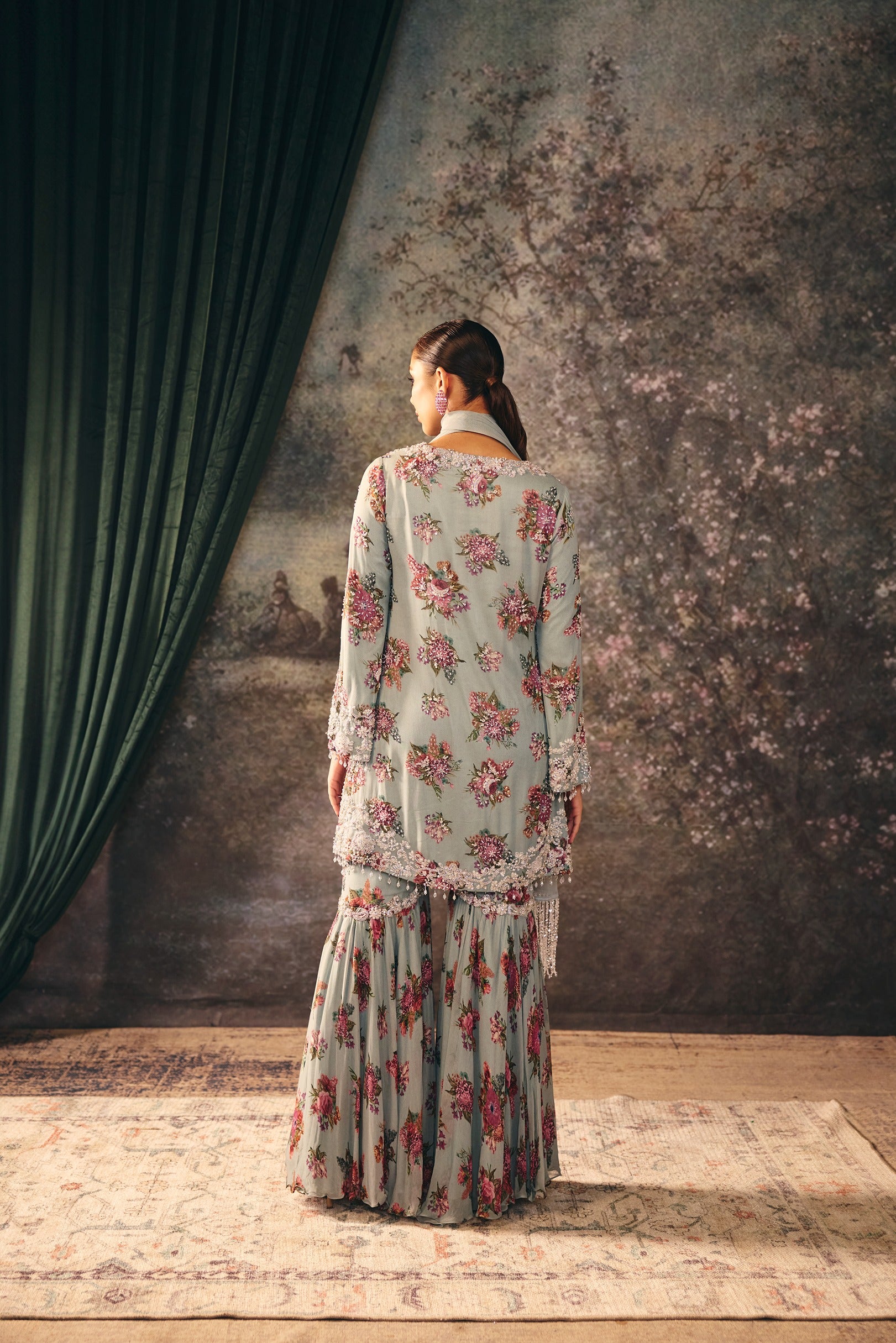 VICTORIA: Baby Blue Printed Kurta & Sharara