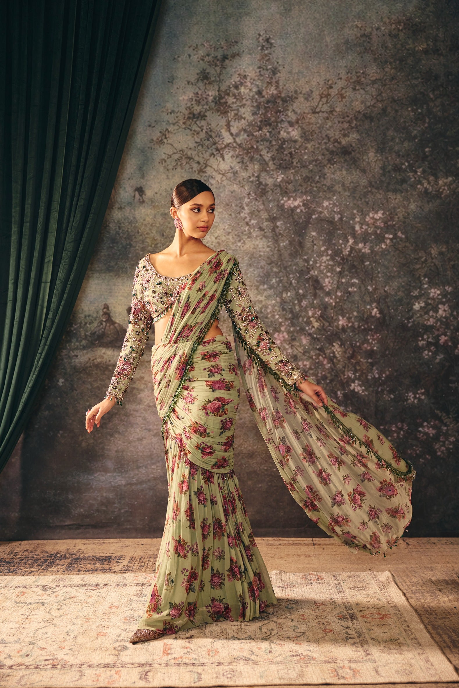 MARBELLE: Grape Green Blouse & Drape Saree