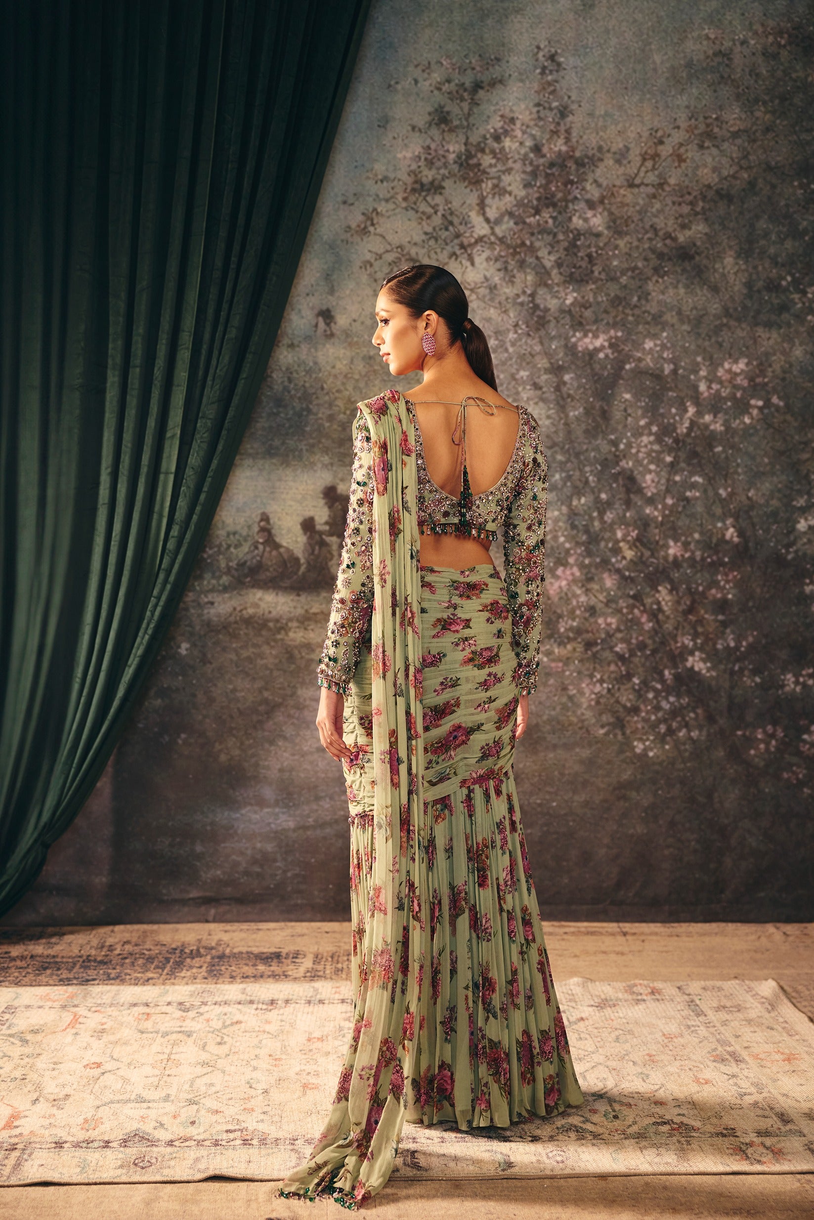 MARBELLE: Grape Green Blouse & Drape Saree