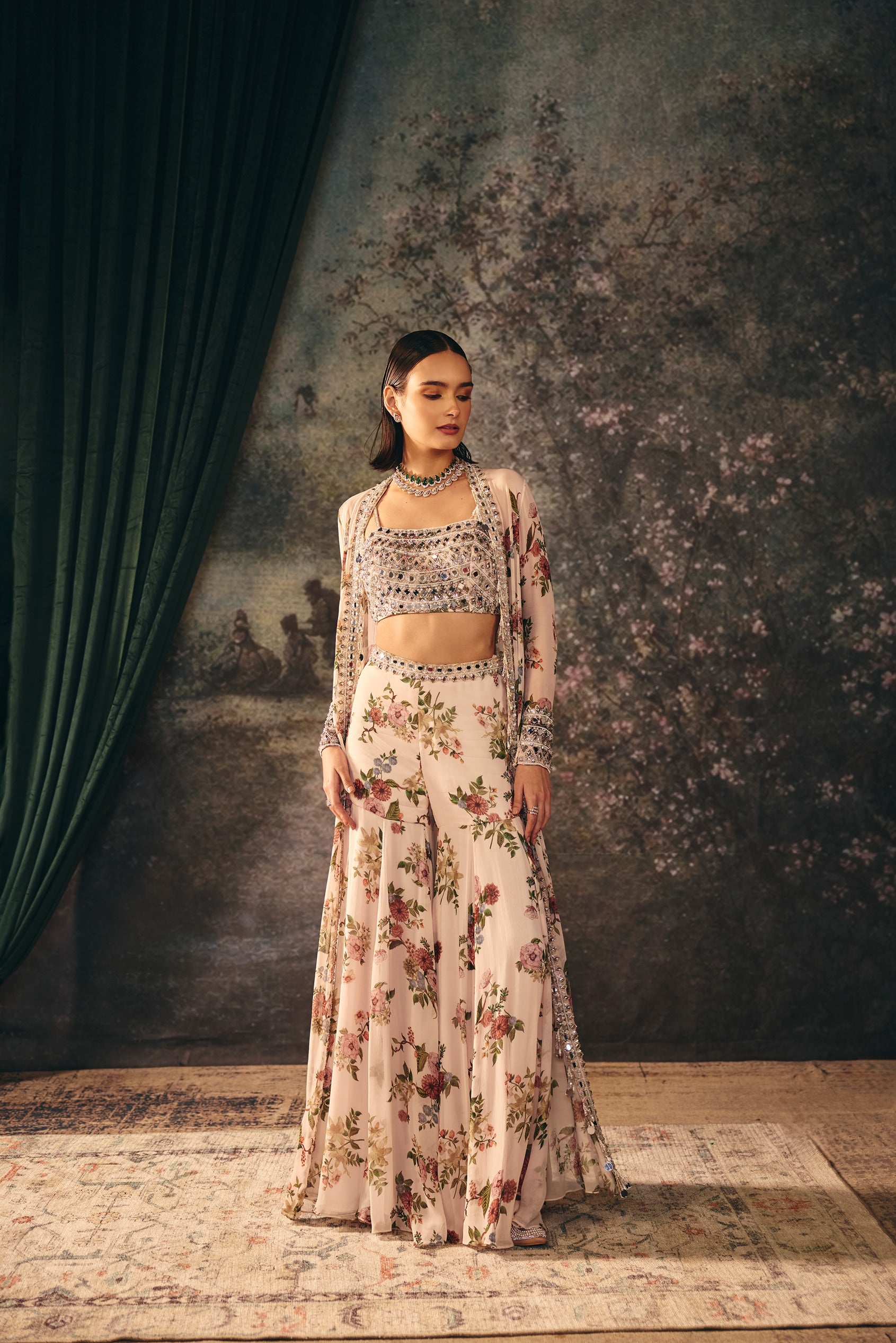CRISTALINE: Pearl White Embroidered Jacket, Blouse & Palazzo Set