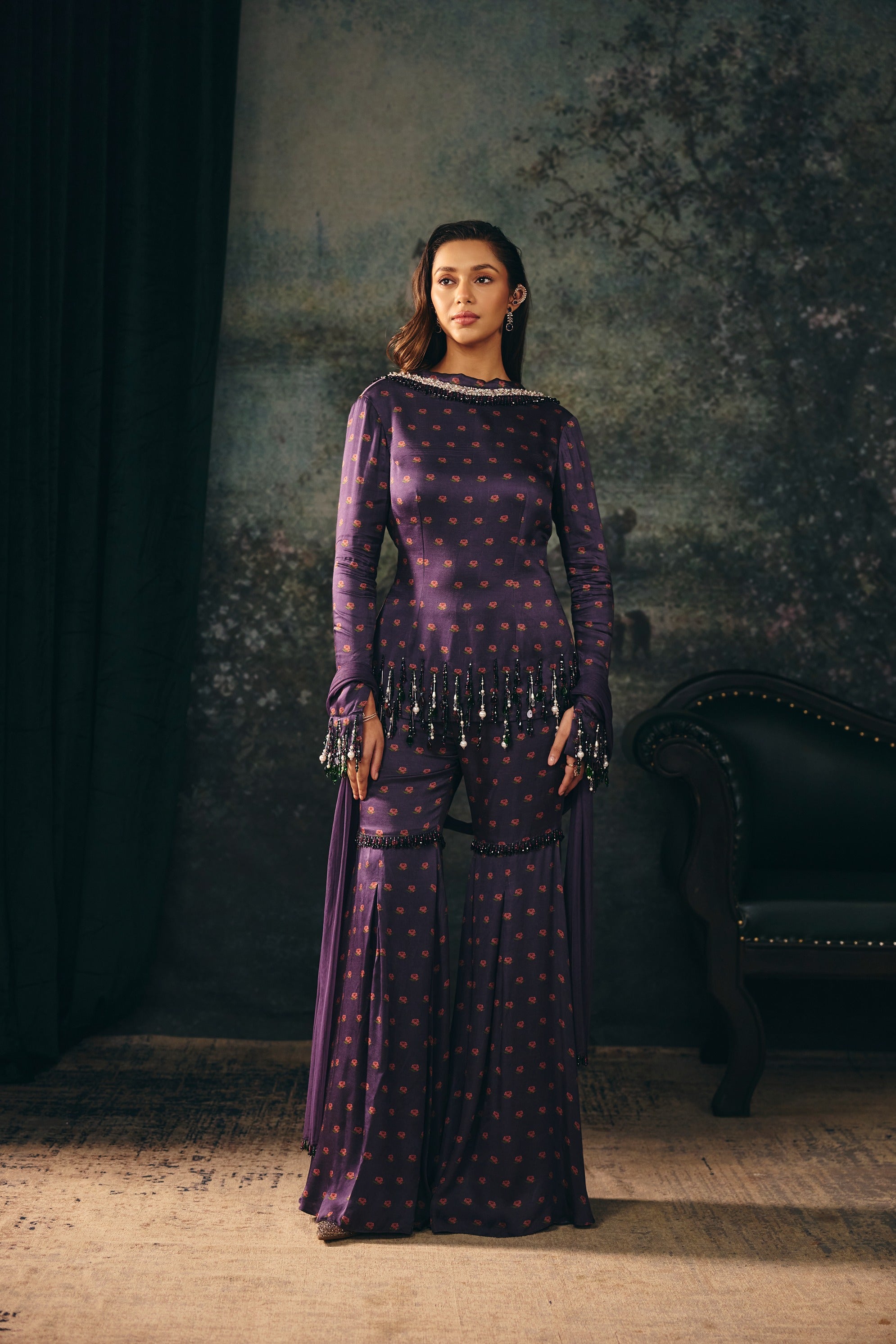 ZARIA: Plum Printed Kurta & Gharara Set