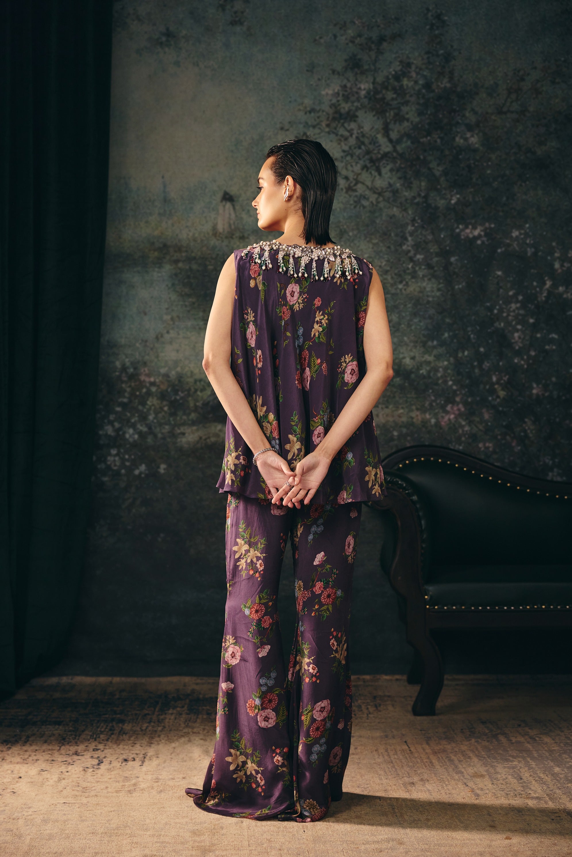 MIRAYA: Mauve Wine Printed Top & Palazzo With Printed Stole